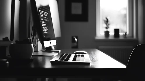 Monochrome desktop workstation with coding monitor in focus.