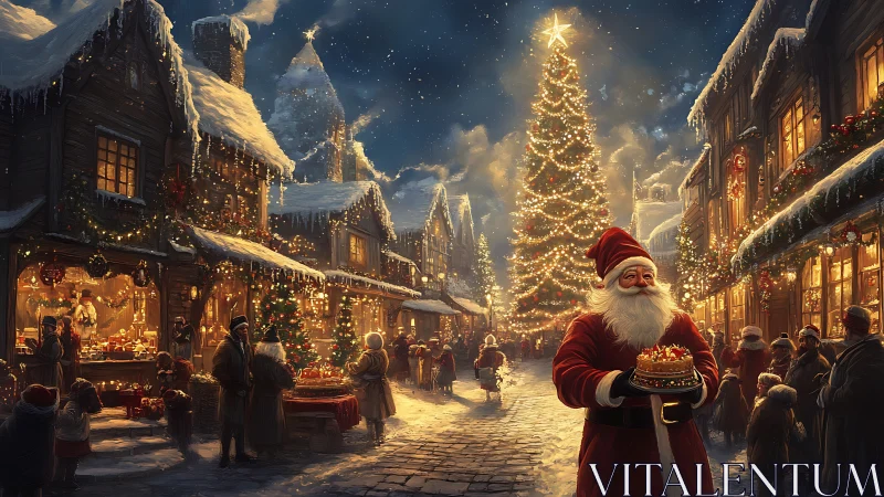 Cozy Christmas market stroll with Santa under glowing lights.