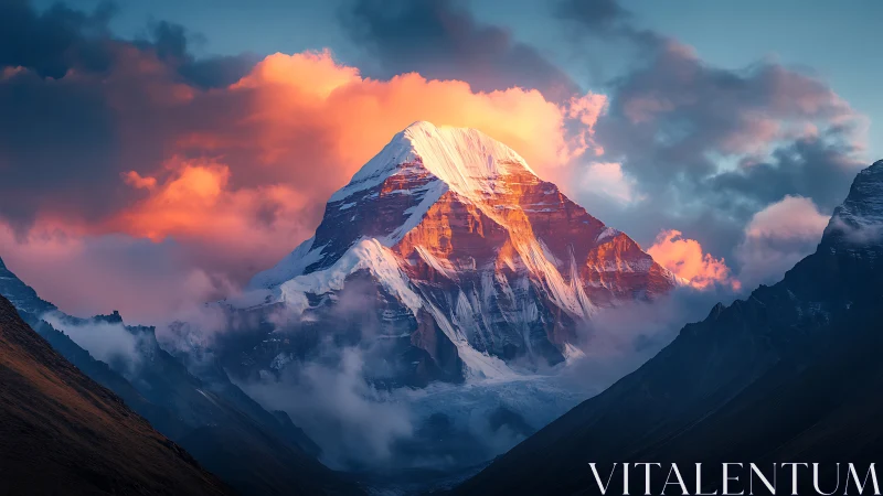 Sunlit snow peak rising through gentle mountain clouds.