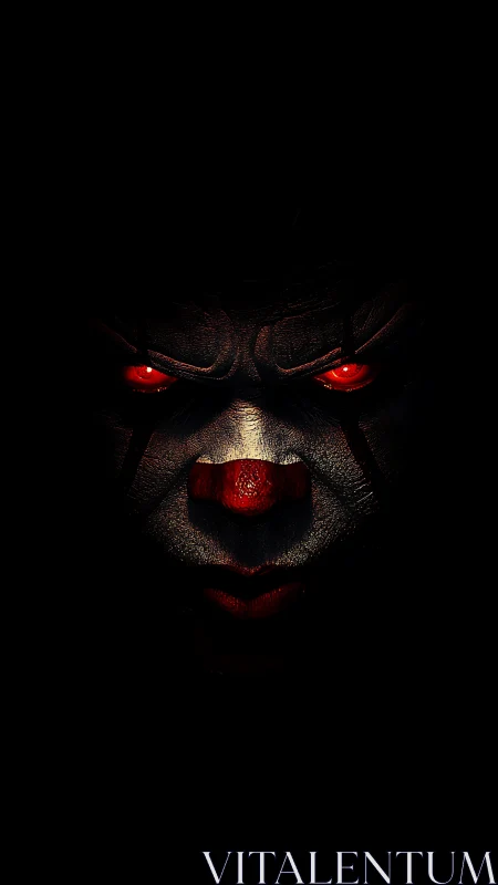 Low‑key horror clown portrait with glowing red eyes and nose