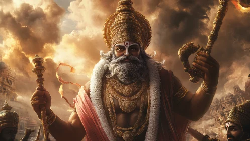 Warrior deity strides through stormlit ancient cityscape.