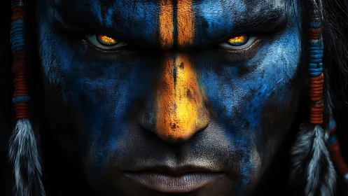 Close portrait of painted warrior with blue and orange markings.