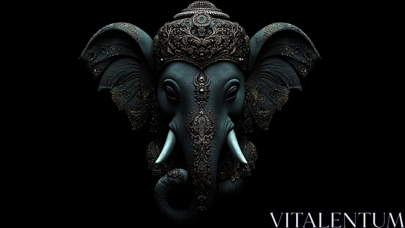 Ornate elephant portrait glows against deep black void