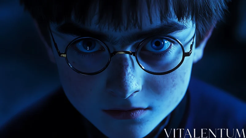 Young boy with round glasses stares forward in blue light