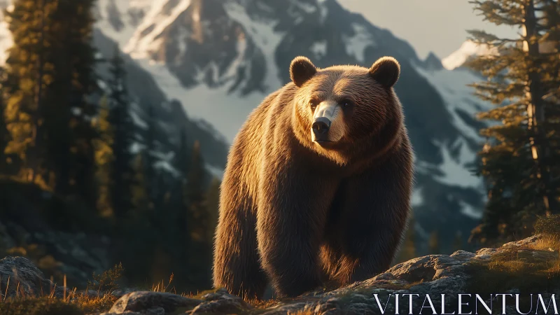 Sunlit grizzly bear in alpine conifer forest environment.