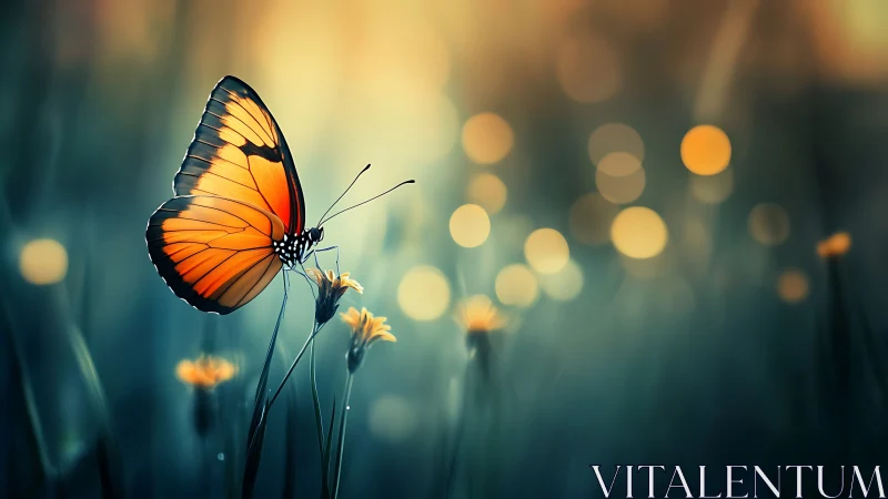 Monarch butterfly rests on wildflower in cinematic bokeh glow