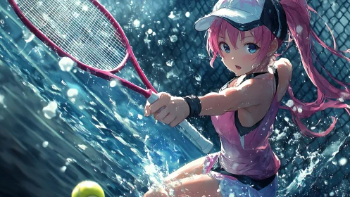 Energetic pink haired tennis player swings into a lively match