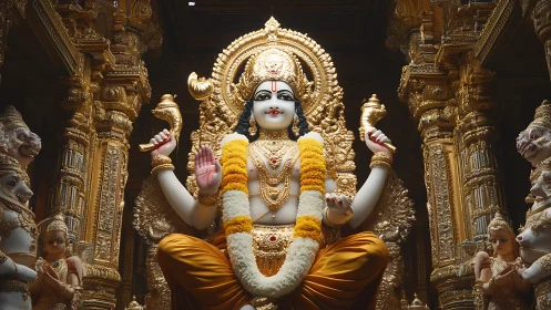 Central Hindu deity statue sits within ornate golden shrine