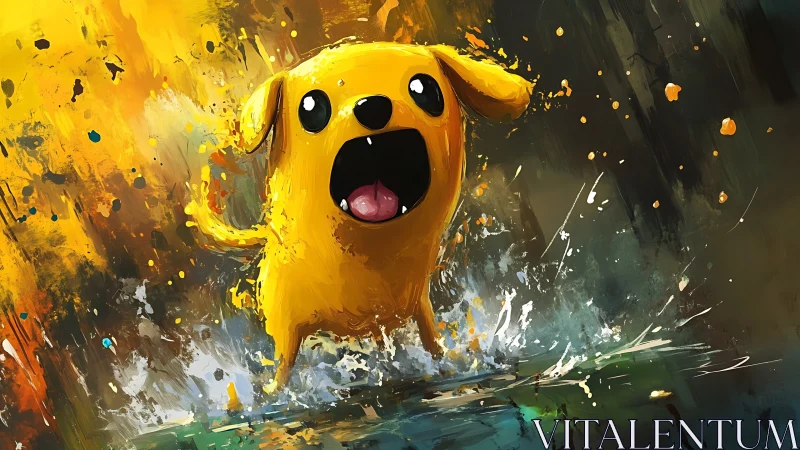 Yellow cartoon dog splashes through water with open mouth