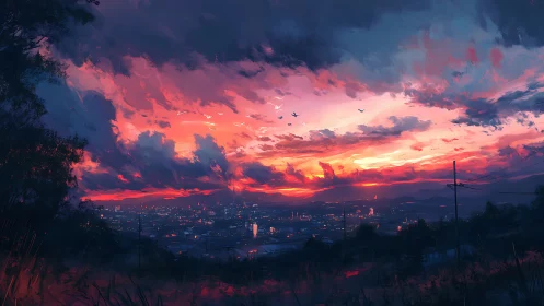 Digital cityscape under vivid sunset cloud formations.