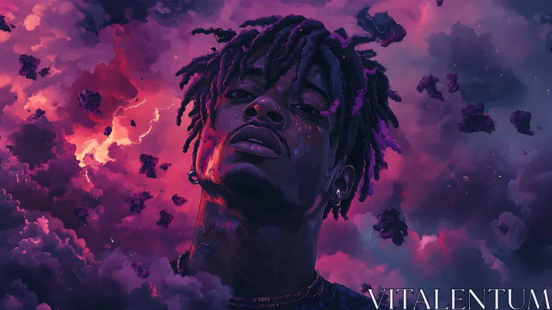 Neon-lit digital portrait in cosmic magenta storm cloudscape