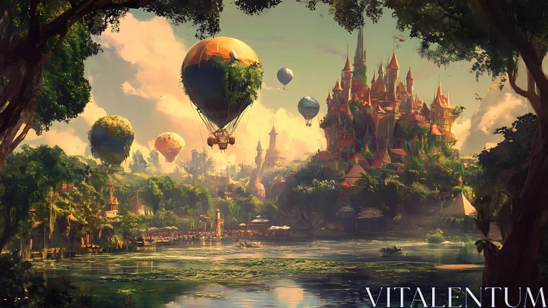 Fantasy riverside city with hot air balloons and castle skyline.