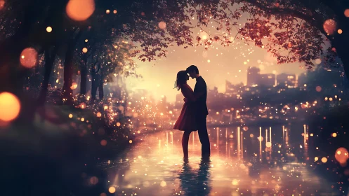 Two souls kiss beneath autumn's golden luminescence.
