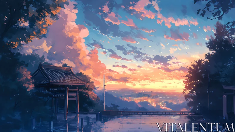 Sunset temple terrace overlooks a tranquil glowing city