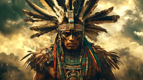 Warrior portrait in ornate feathered headdress, storm sky.