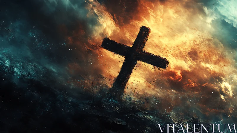 Wooden cross in turbulent abstract sea and fire scene.