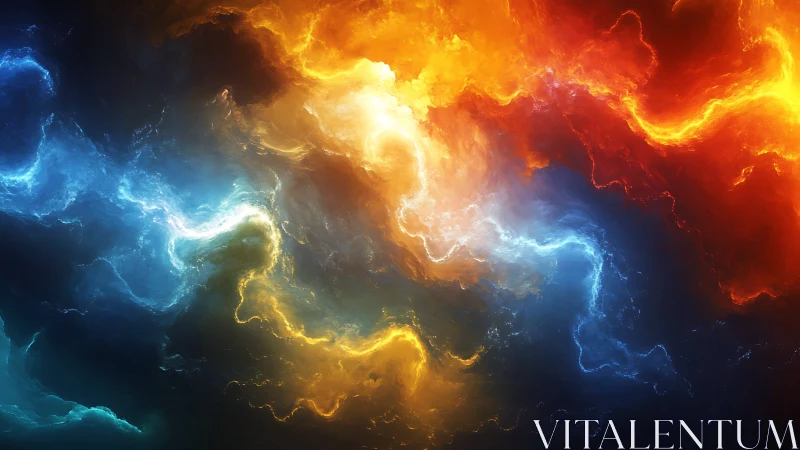 Cosmic rivers of fire and frost entwine in stormy nebula.