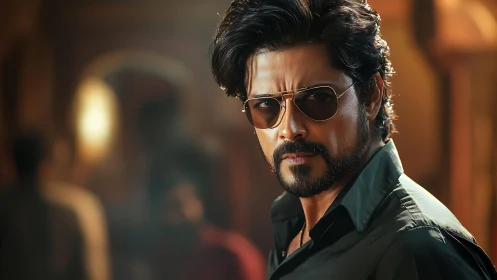 Cinematic close-up of stern man with gradient bokeh background