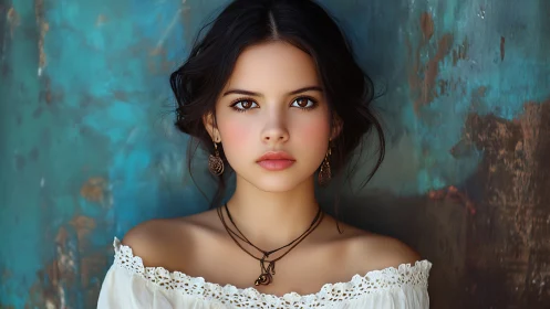 Digital portrait of young woman before distressed teal wall