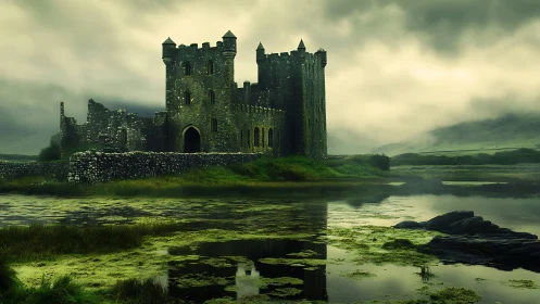 Foggy stone castle by marshland under heavy clouds.