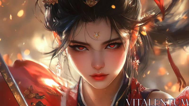 Digital painting portrait of fiery-eyed warrior heroine with bokeh focus.