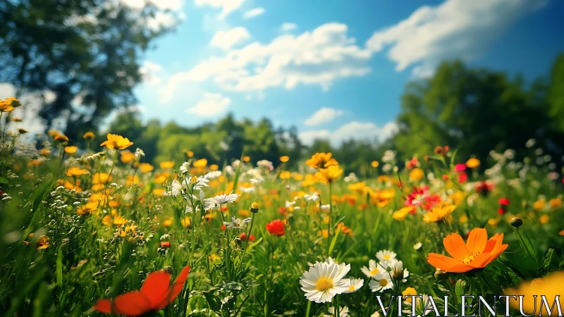 Wildflower meadow blooming with yellow, red, and white flowers