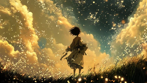 Dreamy evening wanderer under a sky of golden sparks.
