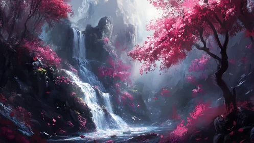 Waterfall valley framed by vivid pink blossom forest