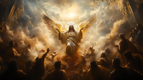 Radiant angelic ascension blazing through stormlit heavens.