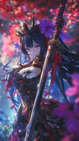 Swordbearing dark-haired warrior amid blooming petals.