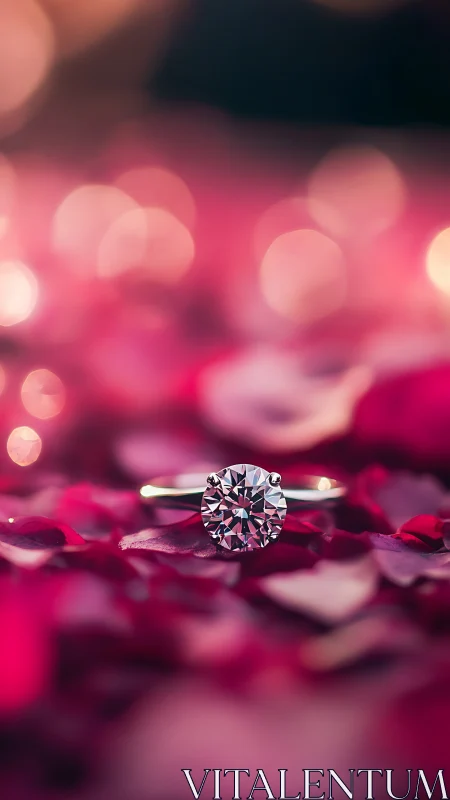 Diamond Solitaire Ring Amid Rose Petals.