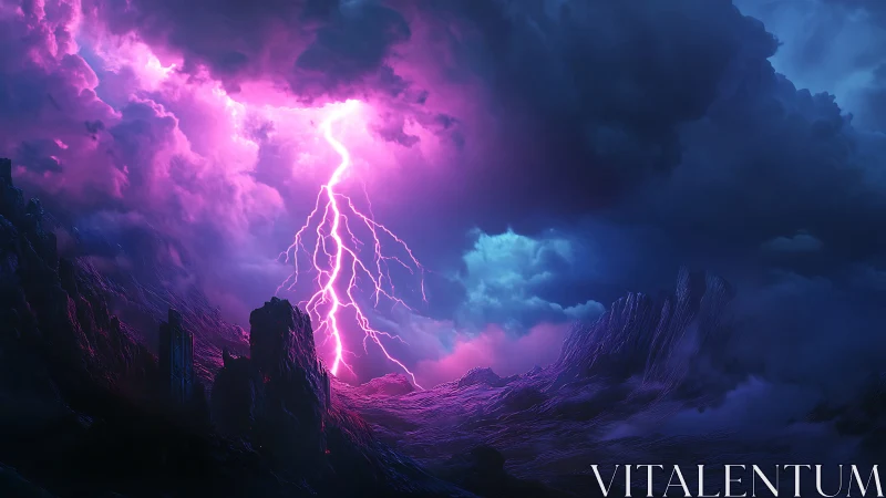 Purple lightning over dark mountainous alien terrain.