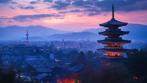 Twilight pagoda skyline over misty Kyoto cityscape panorama.