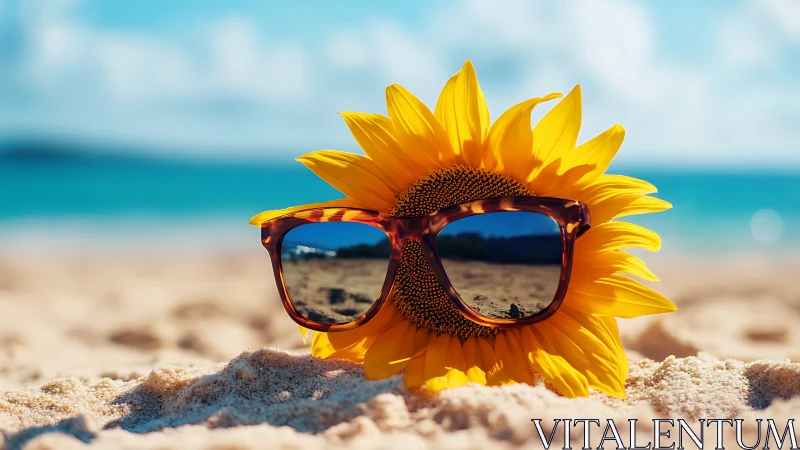 Sunflower with tortoiseshell sunglasses on bright beach