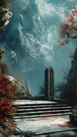 Mountain pass with stone arch and autumn foliage.