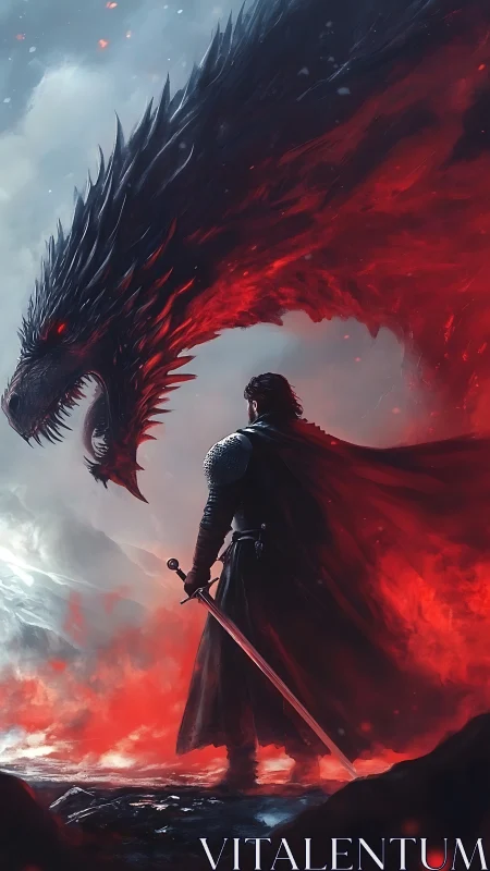 Knight and ember dragon in a storm of fire and frost.