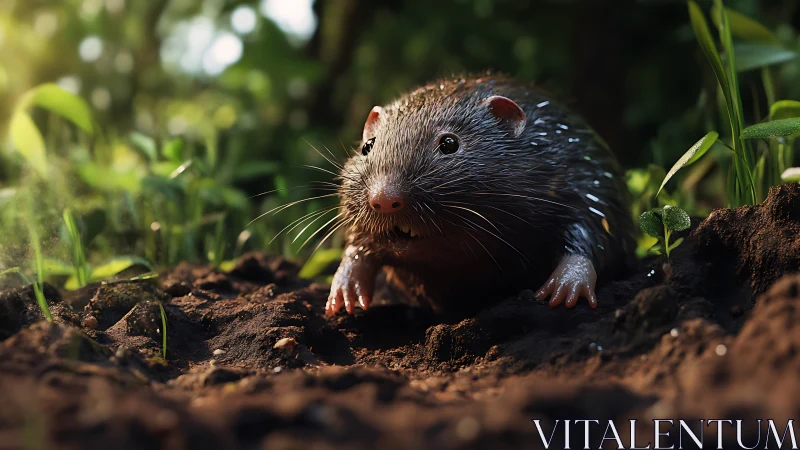Rodent emerging from soil in moist forest floor setting.