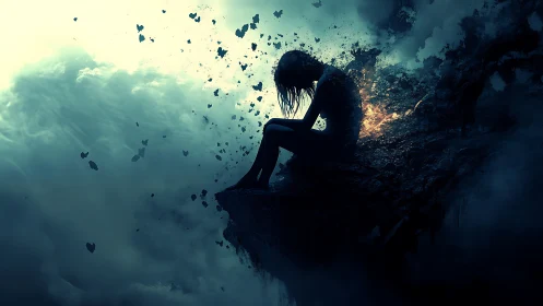 Solitary figure glowing softly on a crumbling cliff edge.