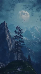 Lone conifer silhouette before full moon in alpine valley night
