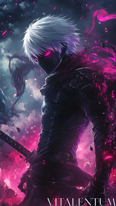 Masked cyber ninja ignites neon energy in a dark storm.