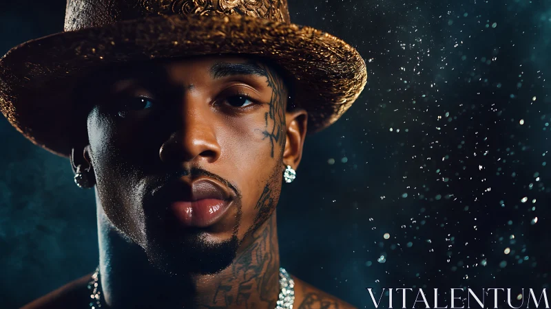 Portrait shows tattooed man in hat under dramatic lighting