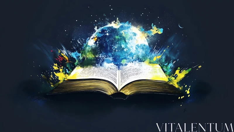 Exploding cosmic storybook with radiant watercolor light.