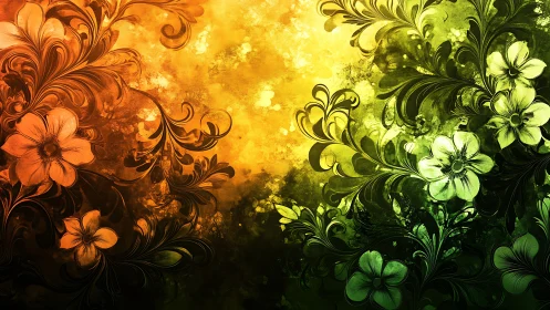 Glowing floral swirls where warm sunset meets forest green.