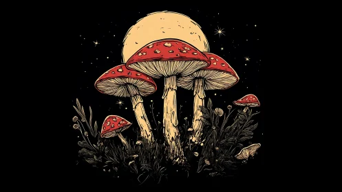 Red mushrooms stand under full moon in stylized night