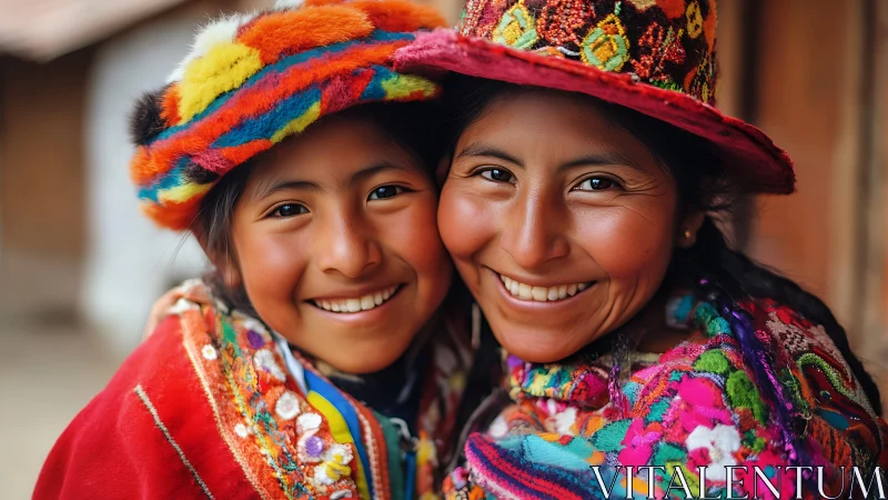 Smiling Indigenous Mother and Child in Colorful Traditional Attire.