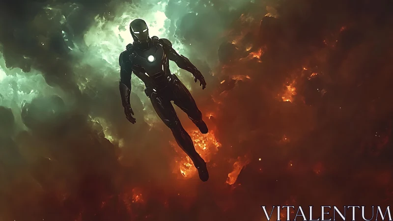 Armored space hero drifts through fiery cosmic nebula.