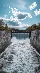 Sky-draped dam channel where roaring water meets cloudlight.
