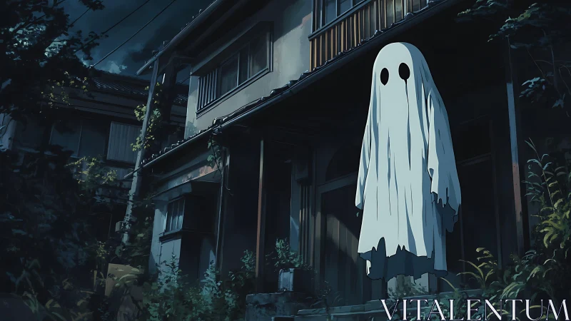 Lonely sheet ghost drifts before an eerie old house at night.