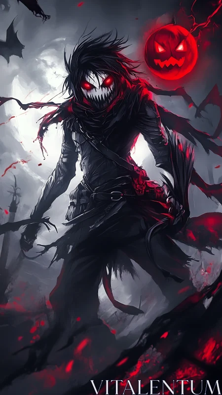 Dark cloaked figure with jack o lantern and red accents at night.