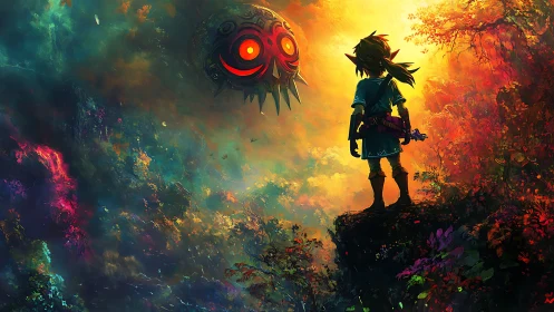 Heroic silhouette meets blazing demon moon in painted sky.